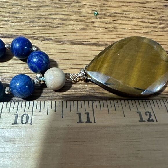Mala Style Necklace Genuine Lapis Lazuli & Sandalwood Beads Big Tigers Eye Pend. - Picture 3 of 4